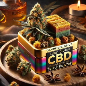 Une photographie professionnelle présentant la gamme exclusive Revuelto de Lord Of CBD. Inclure clairement une fleur CBD multicolore (Rainbow Runtz)