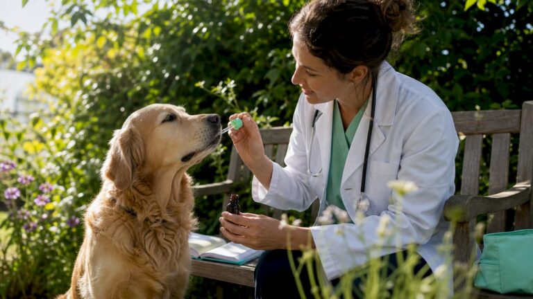 Un vétérinaire administre de l’huile de CBD à un golden retriever lors d’une consultation.