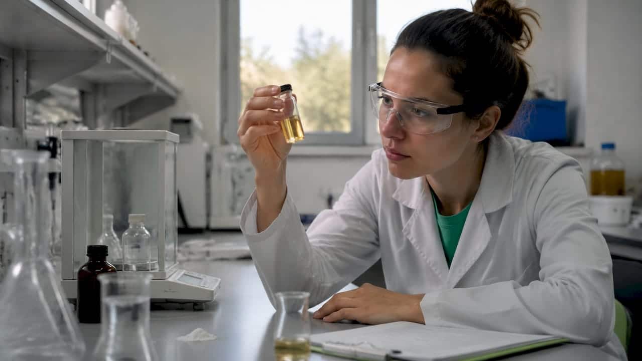 A laboratory technician performs analyses on a sample of CBD oil.