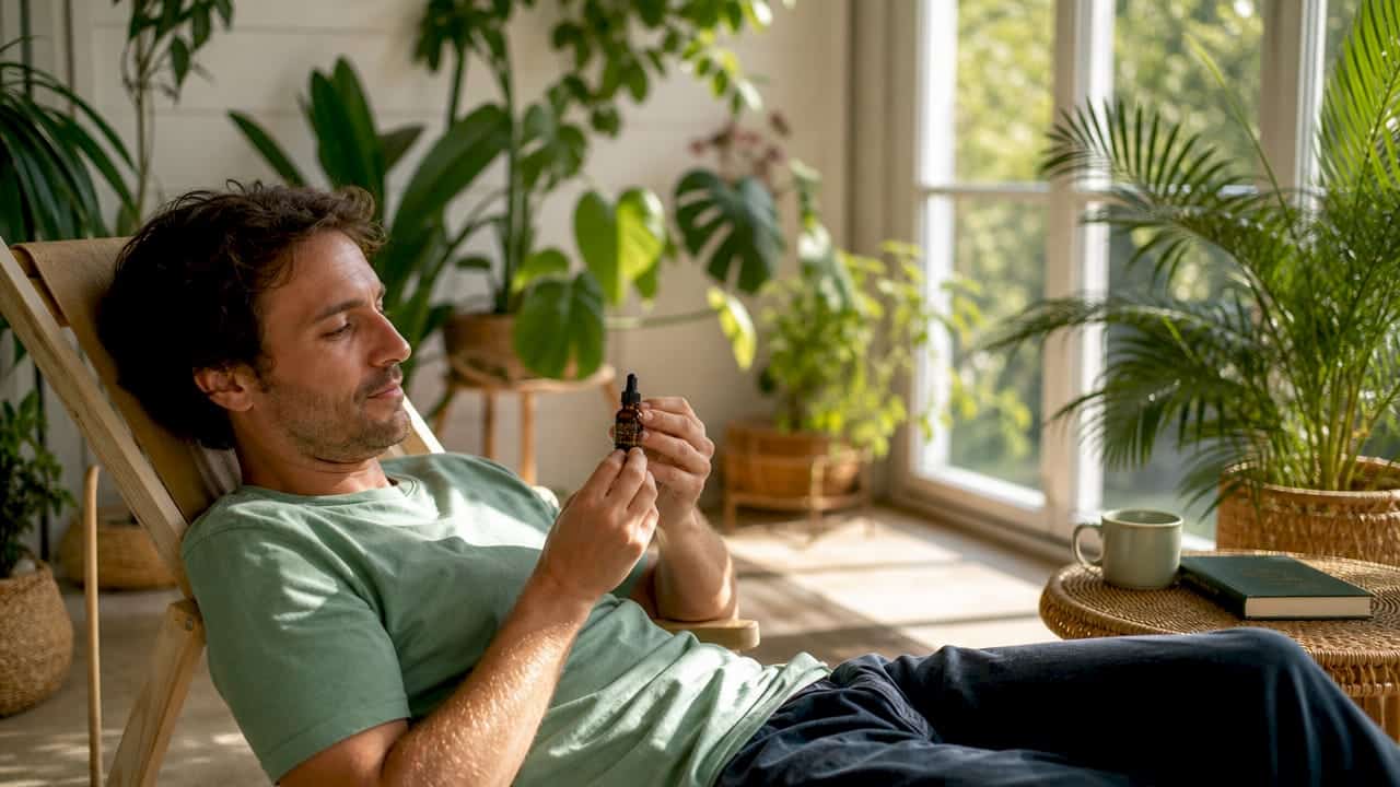 A man carefully examines a bottle of CBD oil in the comfort of his living room.