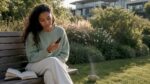 Une femme tient un flacon d’huile de CBD chez elle.