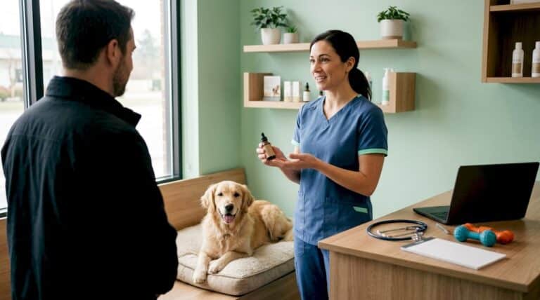 Un vétérinaire échange avec un propriétaire de chien au sujet de l’utilisation du CBD pour l’animal.