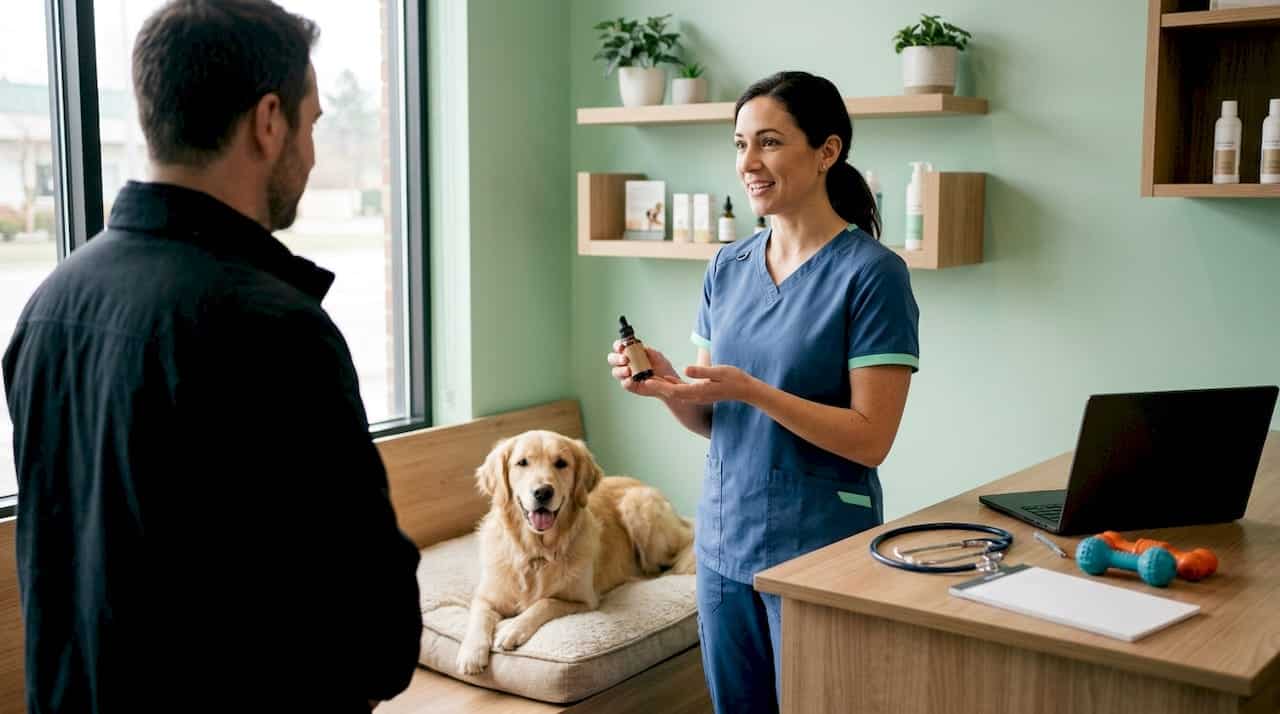 A veterinarian is talking with a dog owner about using CBD for the animal.