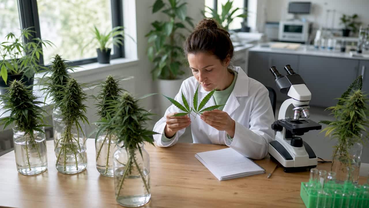 A scientist working in a laboratory, specializing in the study of cannabis flowers.
