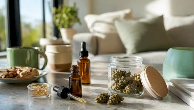 Un assortiment de produits au CBD soigneusement disposés sur une table en bois, baignés par la lumière douce du matin.
