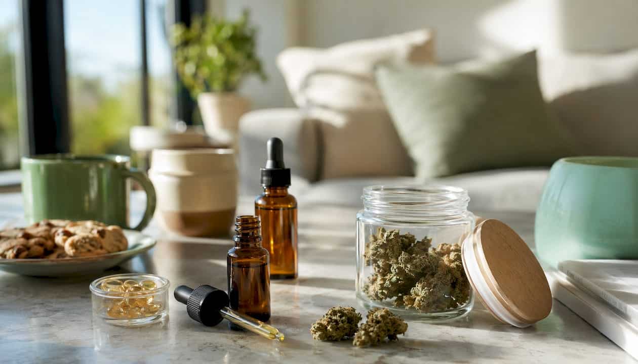 Eng Auswiel u CBD-Produkter, déi virsiichteg op engem hëlzenen Dësch arrangéiert sinn, am mëllen Moiesliicht gebadet.