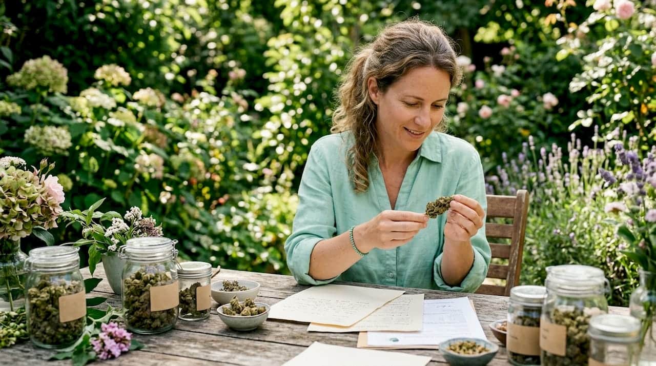 Een klant inspecteert CBD-bloemen en controleert daarbij de kwaliteitscertificaten.
