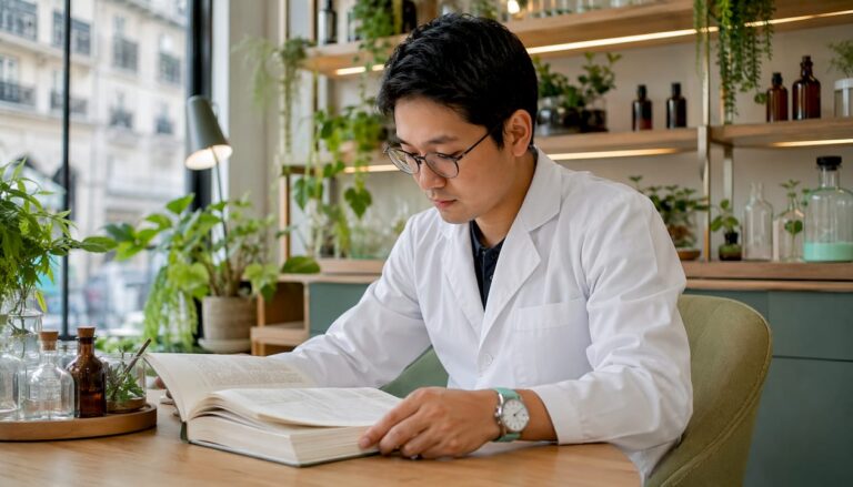 Pharmacy intern specializing in the study of cannabinoids in a pharmacy setting