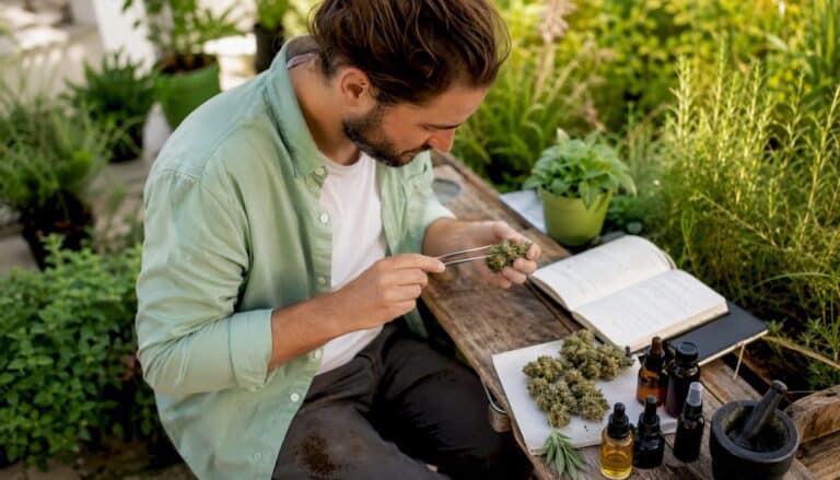 A botanist carefully examines CBD flowers in a greenhouse.