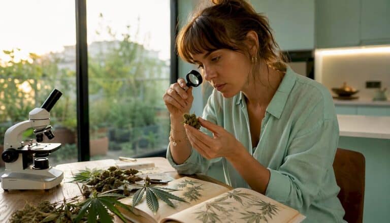 A botanist carefully observes small CBD flowers to analyze their characteristics.