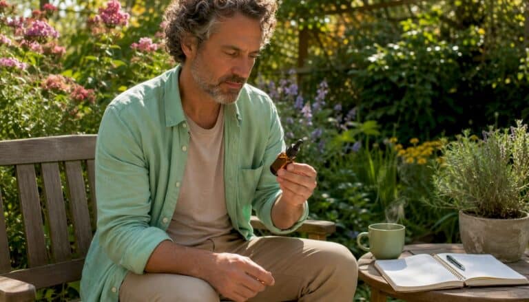 A man is carefully examining a bottle of organic CBD hemp oil.