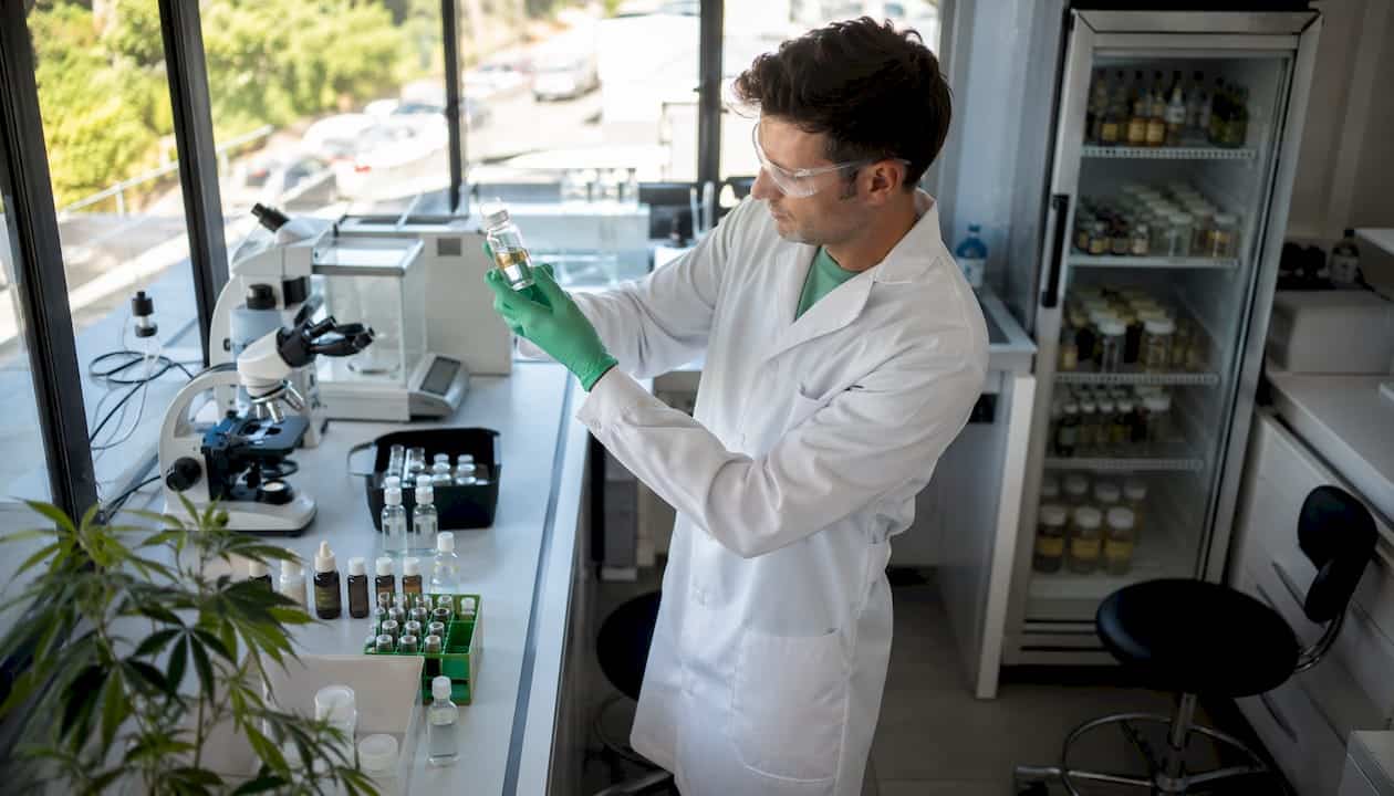 A laboratory technician preparing and analyzing CBD extracts.