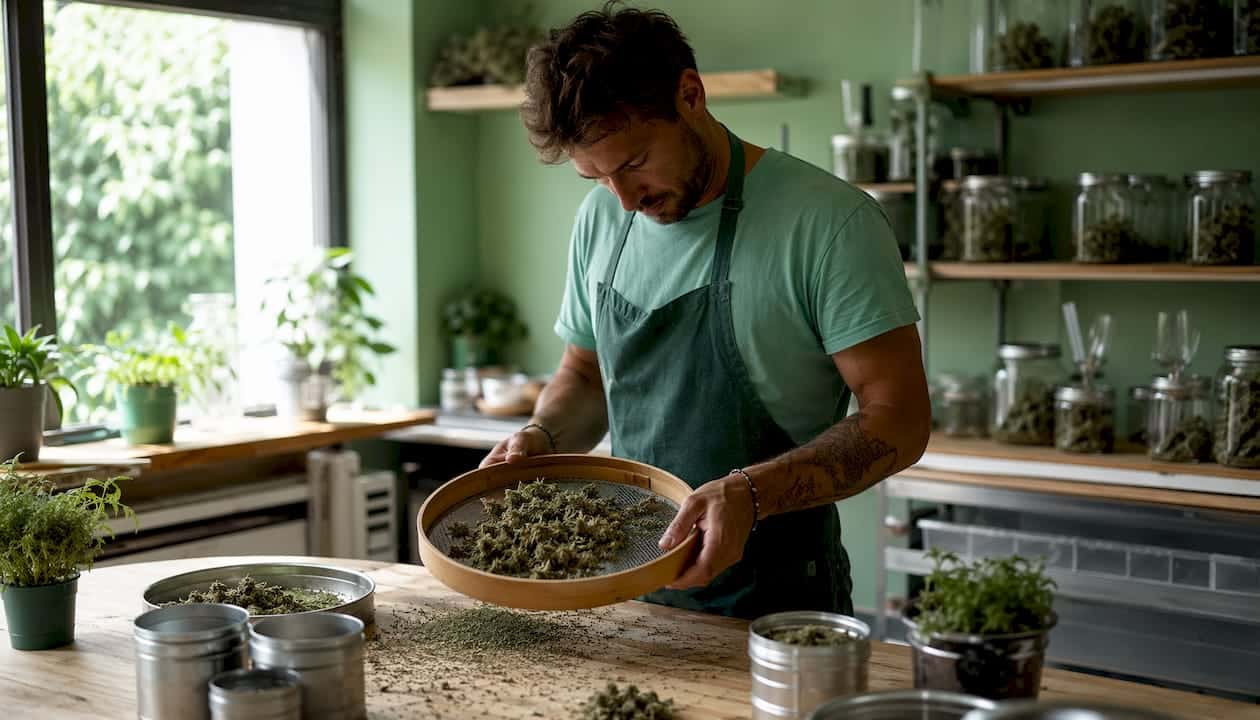 Expert hands delicately select hemp flowers grown using traditional methods.