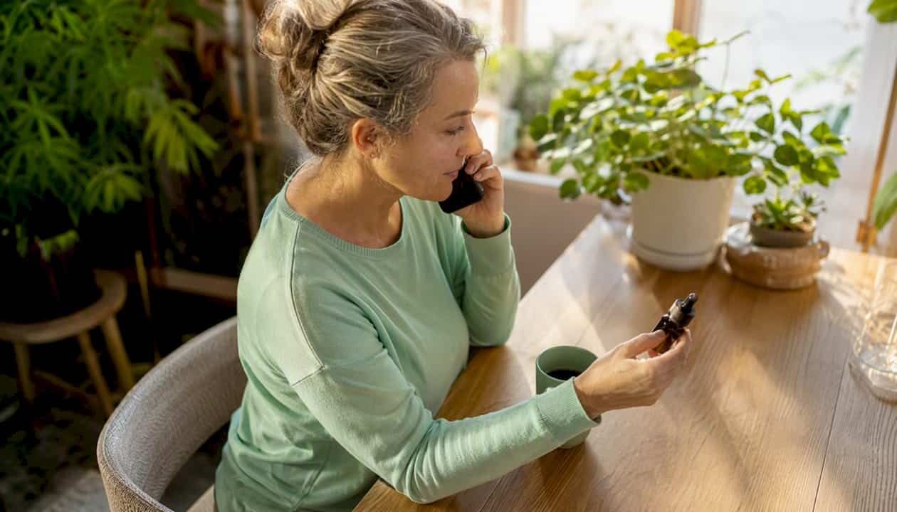 A woman makes a call at the office, a bottle of CBD placed on her desk.