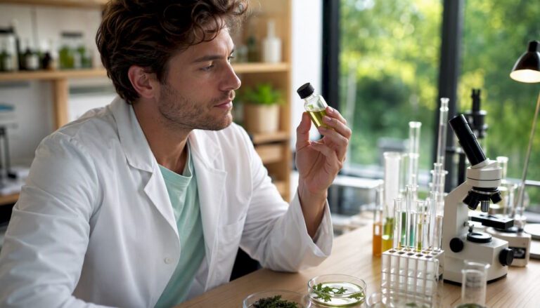 A researcher in a white coat examines a hemp extract under a magnifying glass in a laboratory.