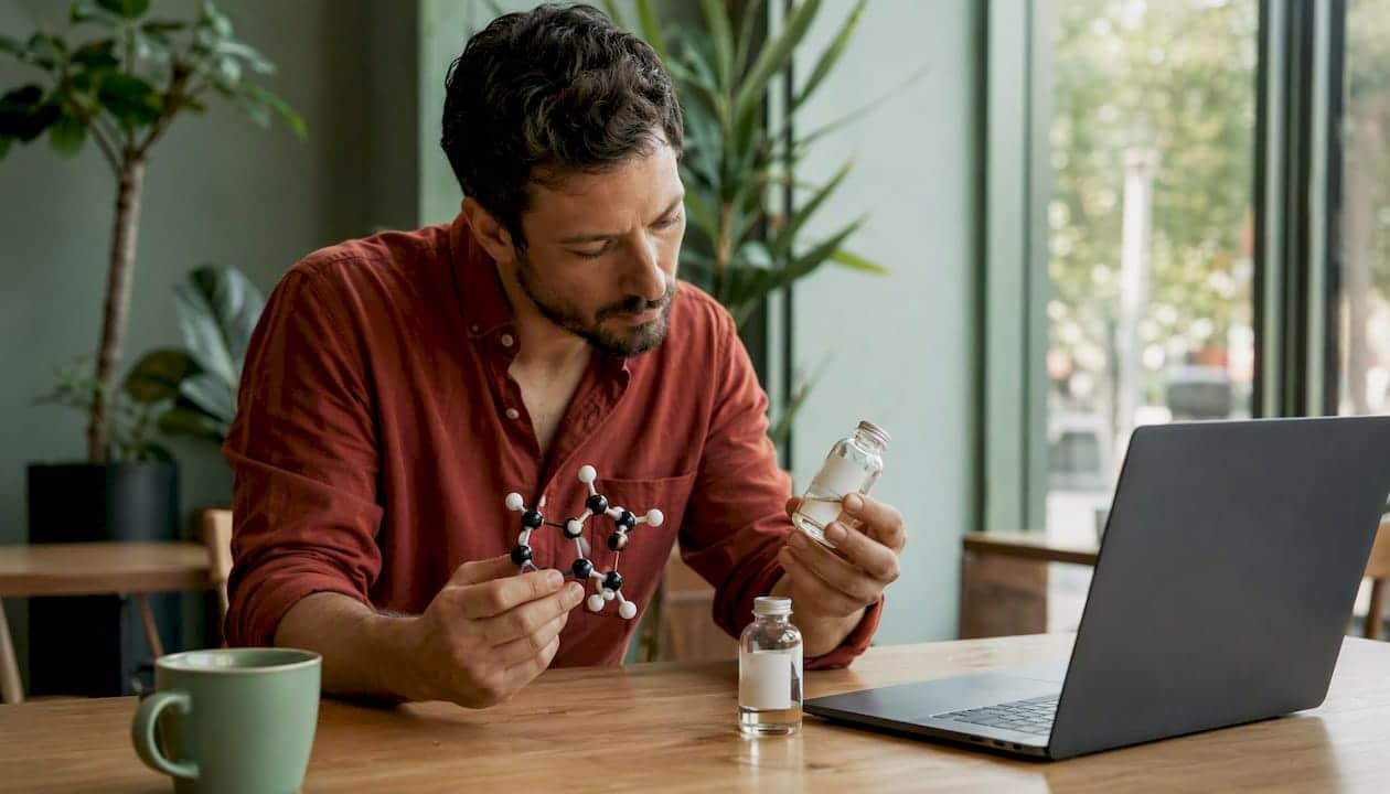 A man presents molecular models of CBD and CBDP