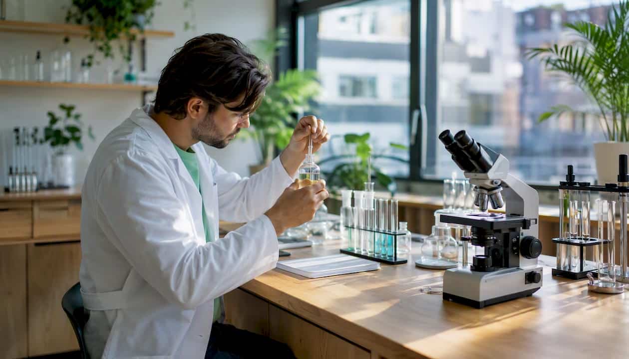 A researcher manipulates a pipette in a laboratory