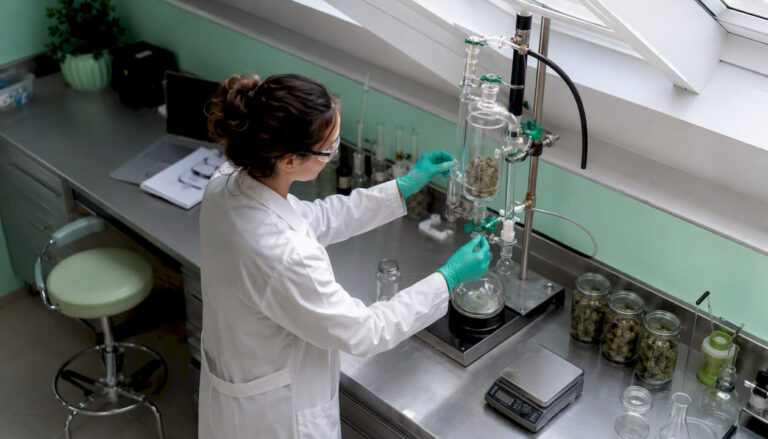 A chemist performs the extraction of CB9 in a laboratory.