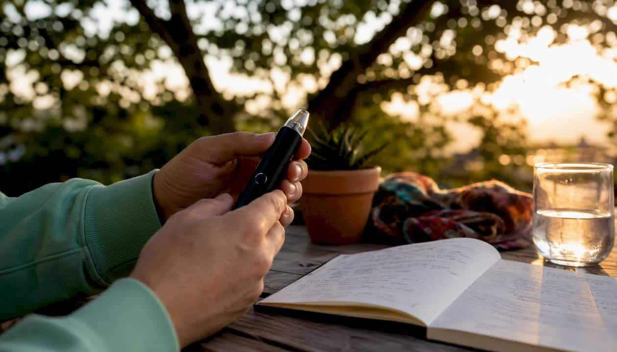 Hands hold a spray bottle, placed next to an open notebook.