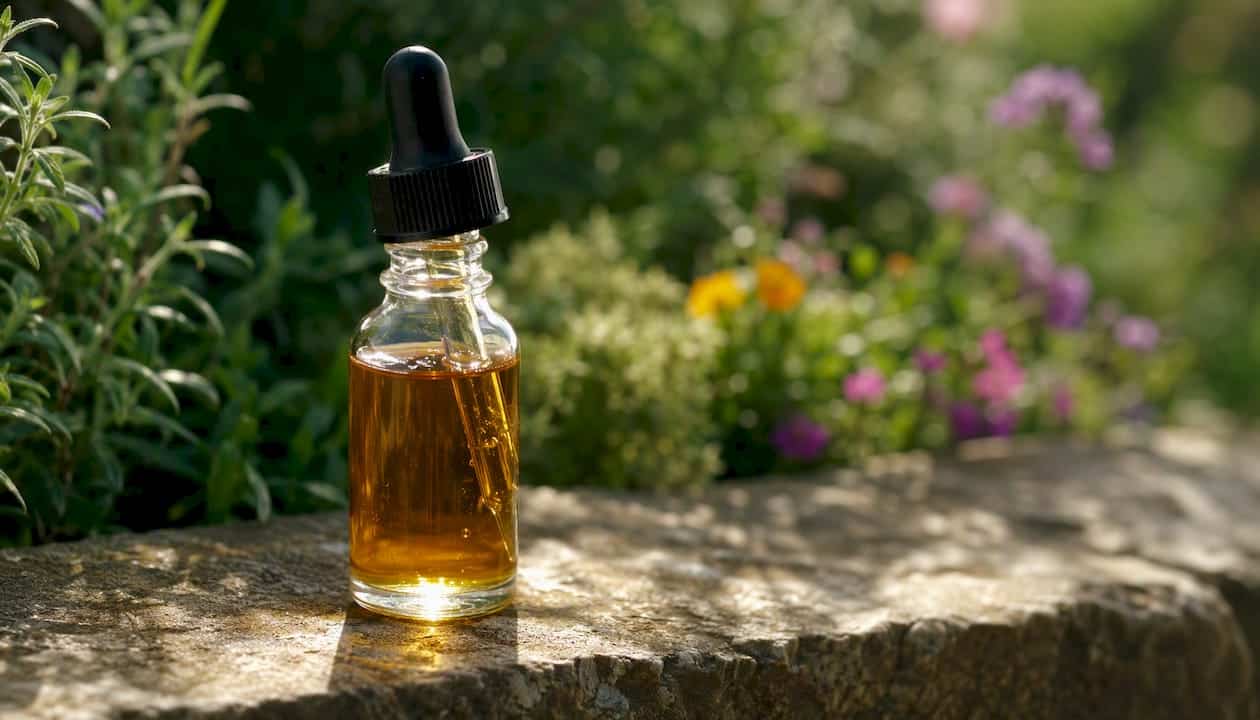 Dropper bottle of cannabinoid oil placed on a wooden surface