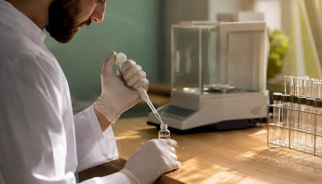 Hands manipulate a sample of cannabinoids in a laboratory.