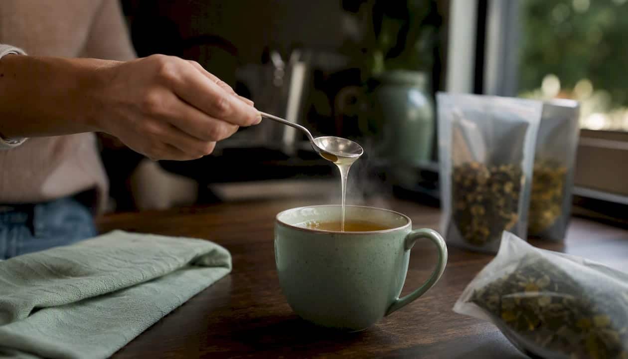 A hand pours coconut oil into a cup of CBD tea.