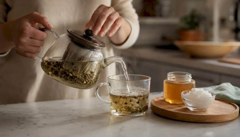 Gently pour hot water into a glass cup containing a CBD infusion.