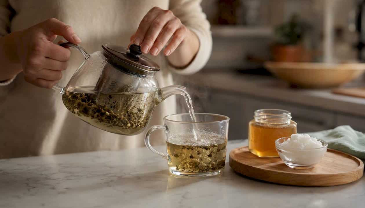 Gently pour hot water into a glass cup containing a CBD infusion.