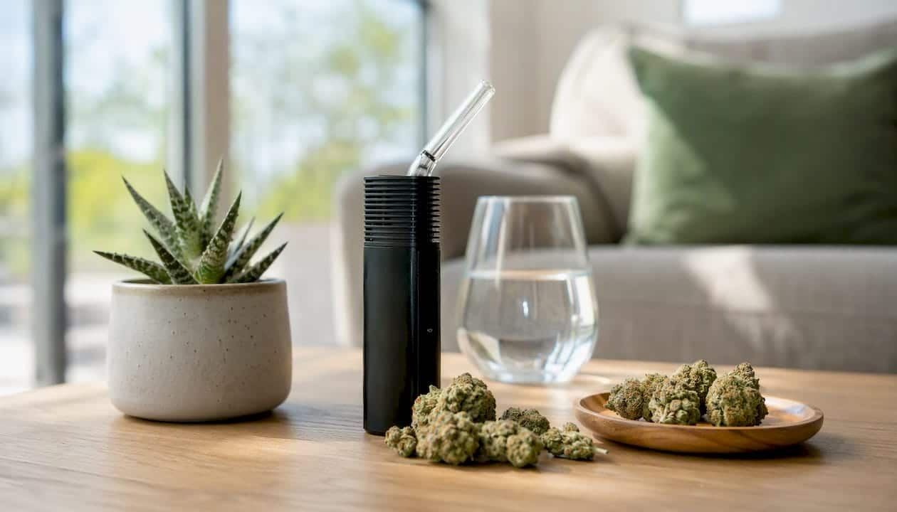 Primo piano di un vaporizzatore di fiori di CBD posizionato in un ambiente interno accogliente.