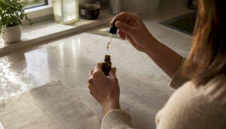 Une personne ajuste la quantité d’huile de CBD à l’aide d’une pipette.