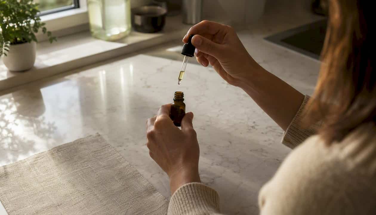 Una persona regola la quantità di olio di CBD utilizzando una pipetta.