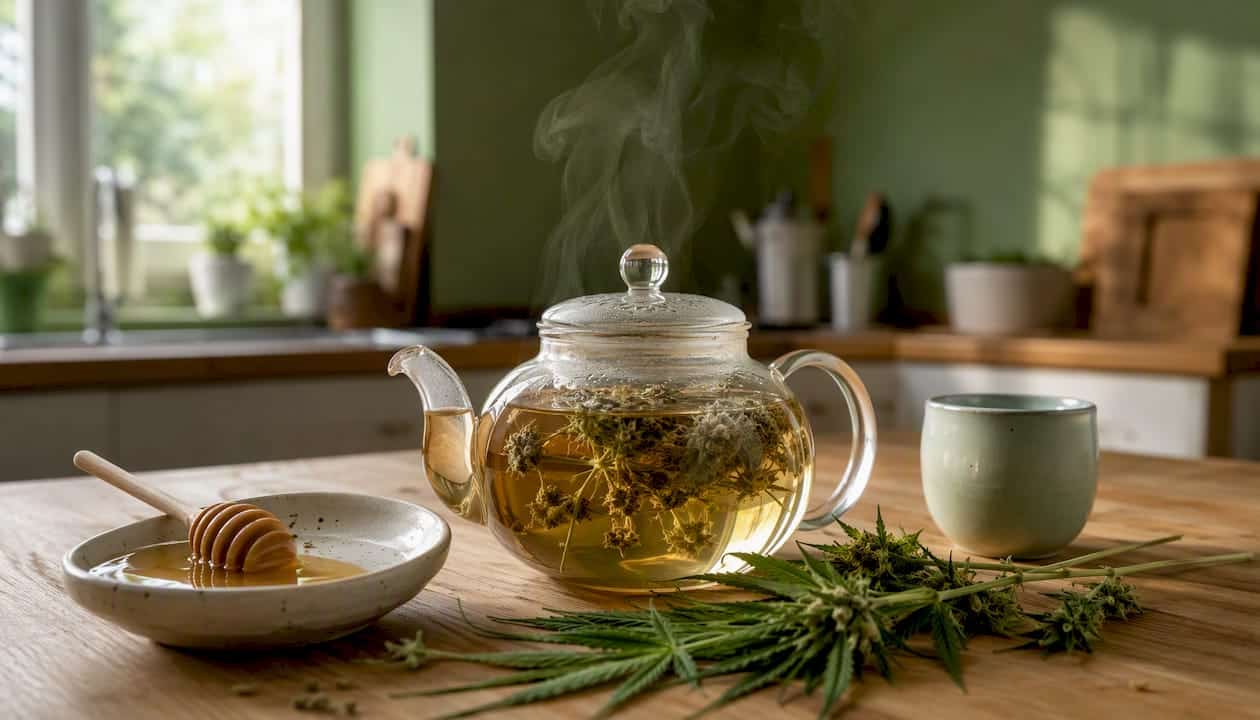 Una teiera di vetro contiene fiori di CBD in infusione, mentre un pezzo di burro è appoggiato proprio accanto.