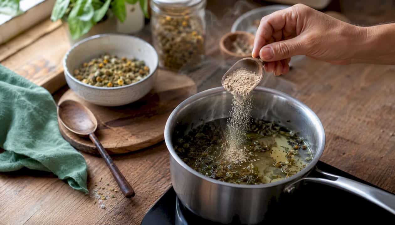 La polvere di lecitina viene versata delicatamente in un pentolino dove è già in infusione il tè al CBD.