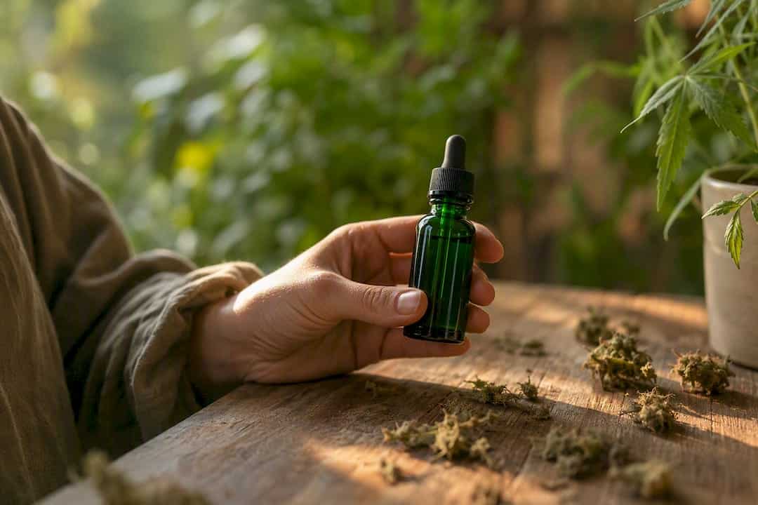 Flacon d'huile de CBD et feuilles de chanvre 100% naturelles
