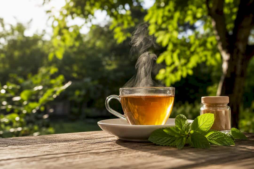 Tasse fumante de tisane infusée à la crinière de lion