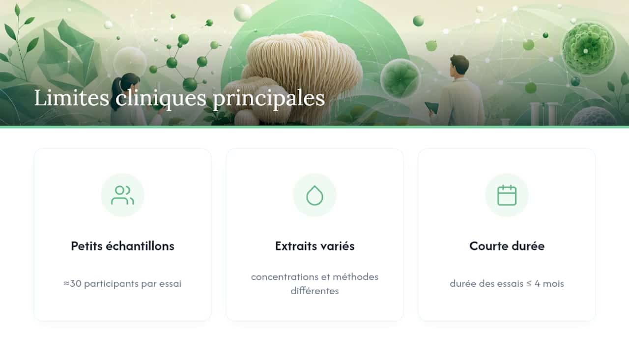 Schéma des limites des essais cliniques sur les bienfaits de la crinière de lion pour la mémoire