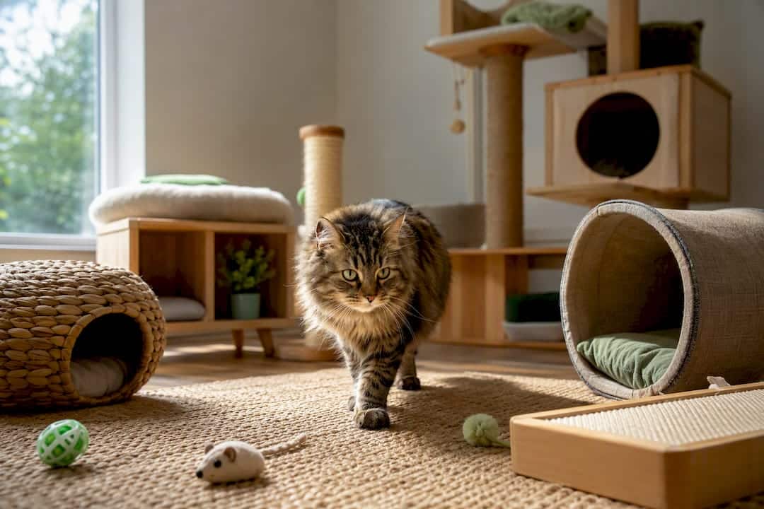 Chat découvrant un environnement aménagé avec des cachettes