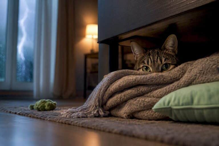 Anxious cat takes refuge in a quiet place