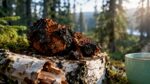 Pieces of chaga on a birch tree in the middle of the forest