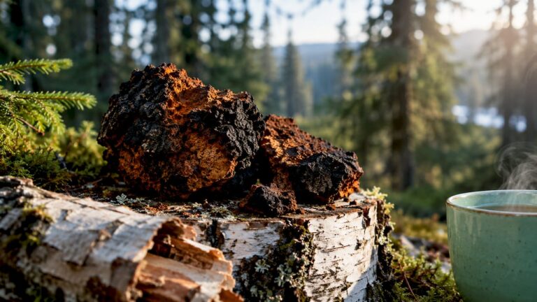Pieces of chaga on a birch tree in the middle of the forest