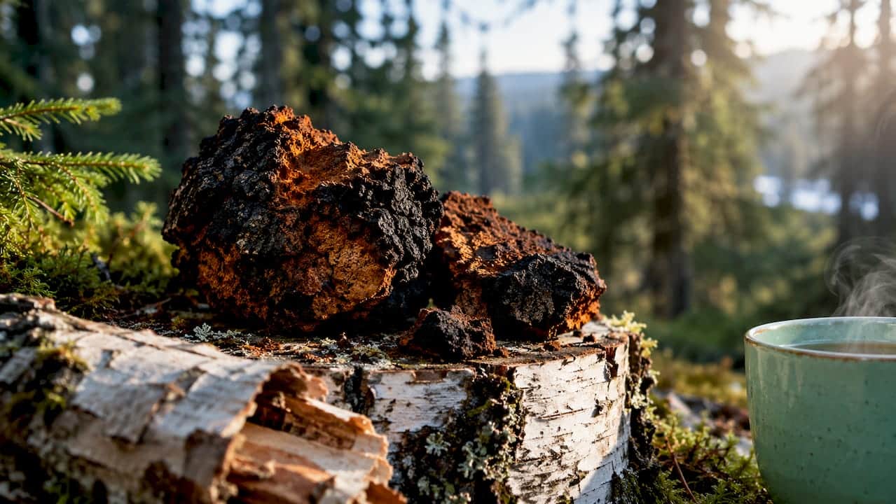 Pieces of chaga on a birch tree in the middle of the forest