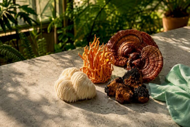 Selection of adaptogenic mushrooms on a clear table