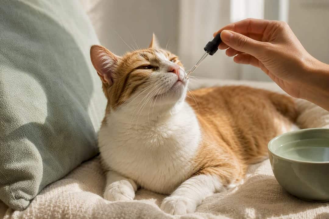 Administration en douceur de gouttes de CBD à un chat