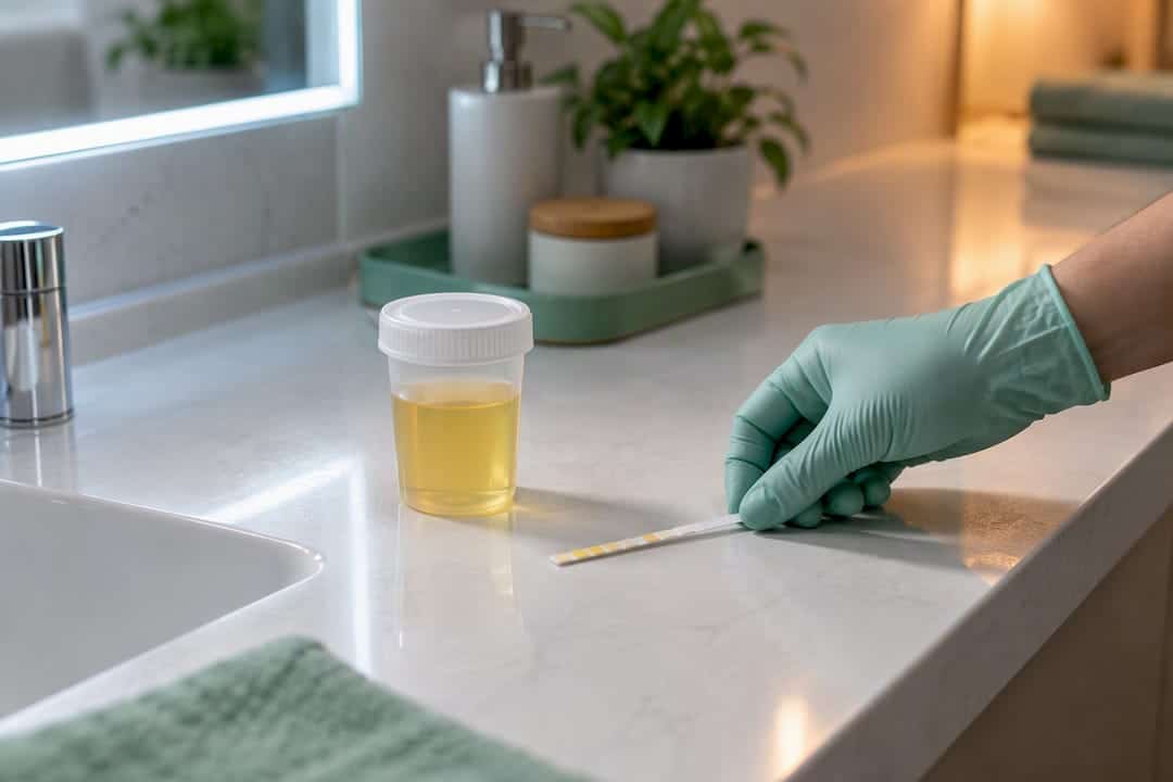 Bandelette de test urinaire à côté d’un échantillon