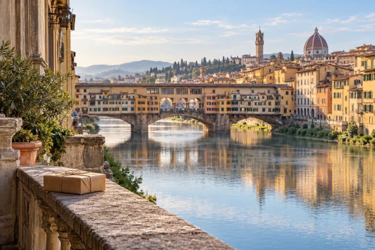 Illustration d’un colis sans marquage sur une terrasse au bord de l’Arno, avec une vue évoquant le Ponte Vecchio à Florence.