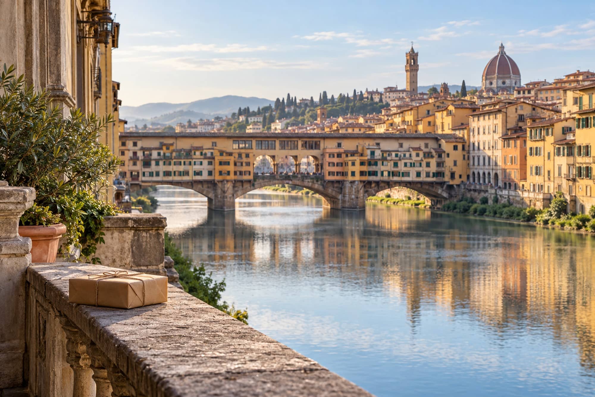 Illustration d’un colis sans marquage sur une terrasse au bord de l’Arno, avec une vue évoquant le Ponte Vecchio à Florence.