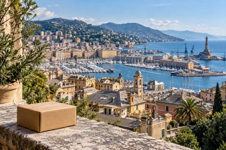 Illustration d’un colis sans marquage sur une terrasse, avec une vue évoquant le port de Gênes et les façades de la ville.