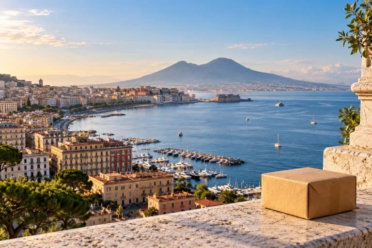 Illustration d’un colis sans marquage sur une terrasse, avec une vue évoquant la baie de Naples et le Vésuve.