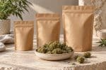 Illustration de trois sachets kraft de tailles différentes derrière une coupelle de fleurs de chanvre.