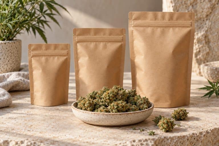 Illustration de trois sachets kraft de tailles différentes derrière une coupelle de fleurs de chanvre.